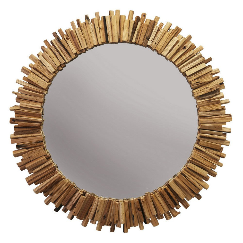 Wall Mirror with Irregular Arranged Wooden Twigs Round Frame, Brown