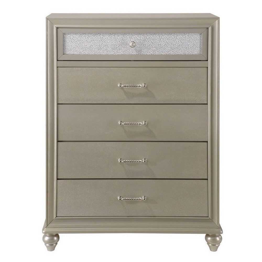 Chest with 5 Storage Drawers and Turnip Feet, Champagne Gold By Casagear Home