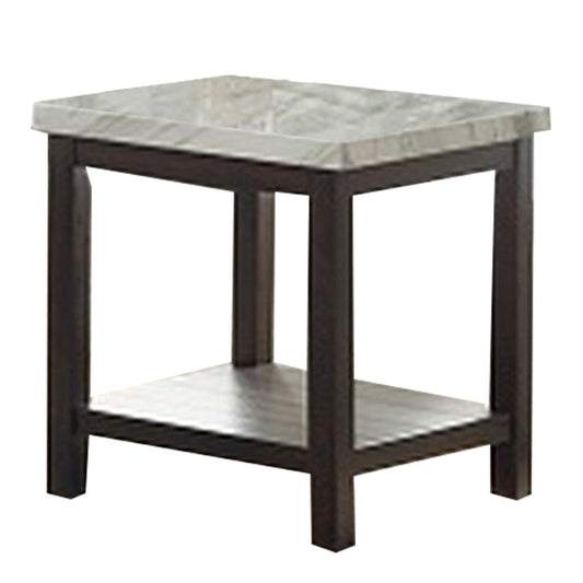 End Table with Textured Marble Top and 1 Slatted Shelf, Brown By Casagear Home