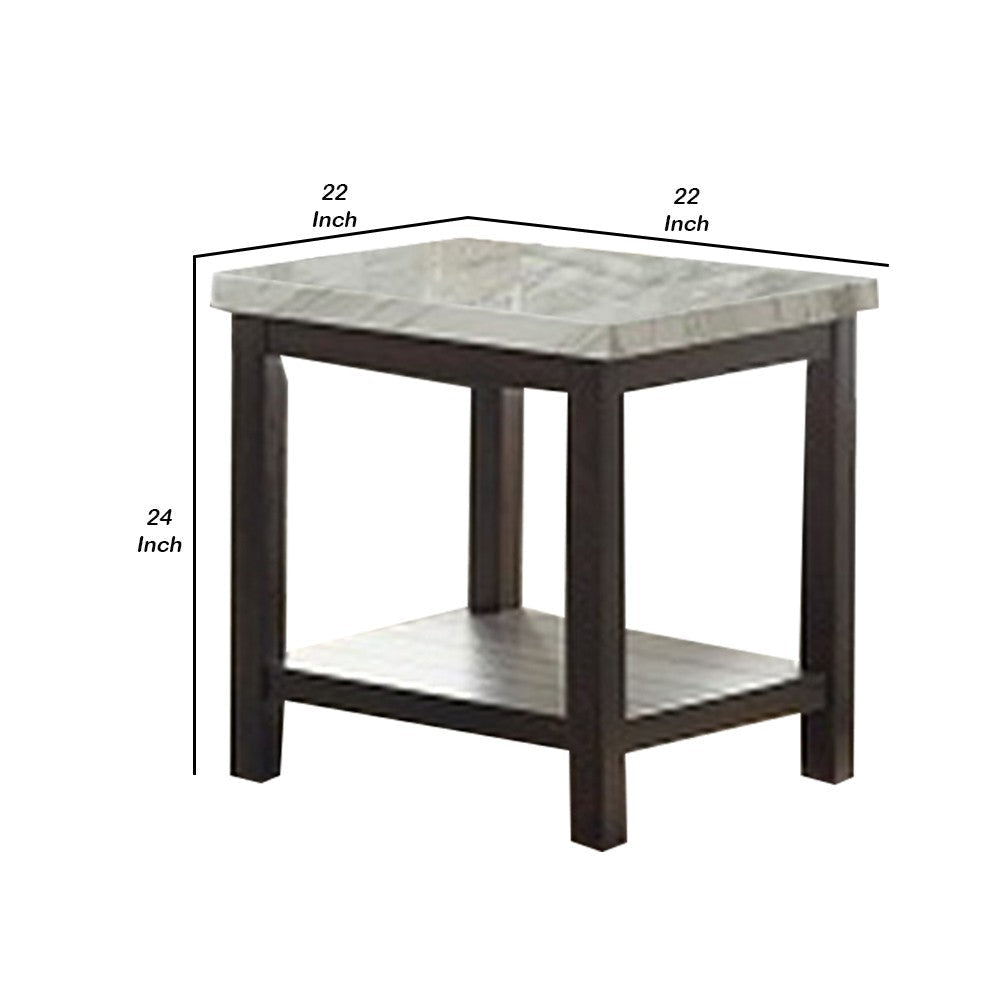 End Table with Textured Marble Top and 1 Slatted Shelf, Brown By Casagear Home