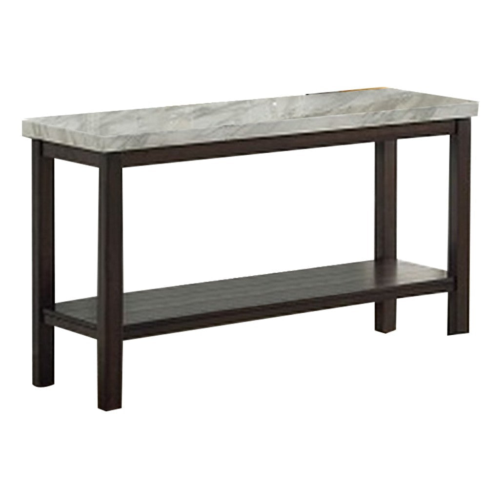 Sofa Table with Textured Marble Top and 1 Slatted Shelf, Brown By Casagear Home