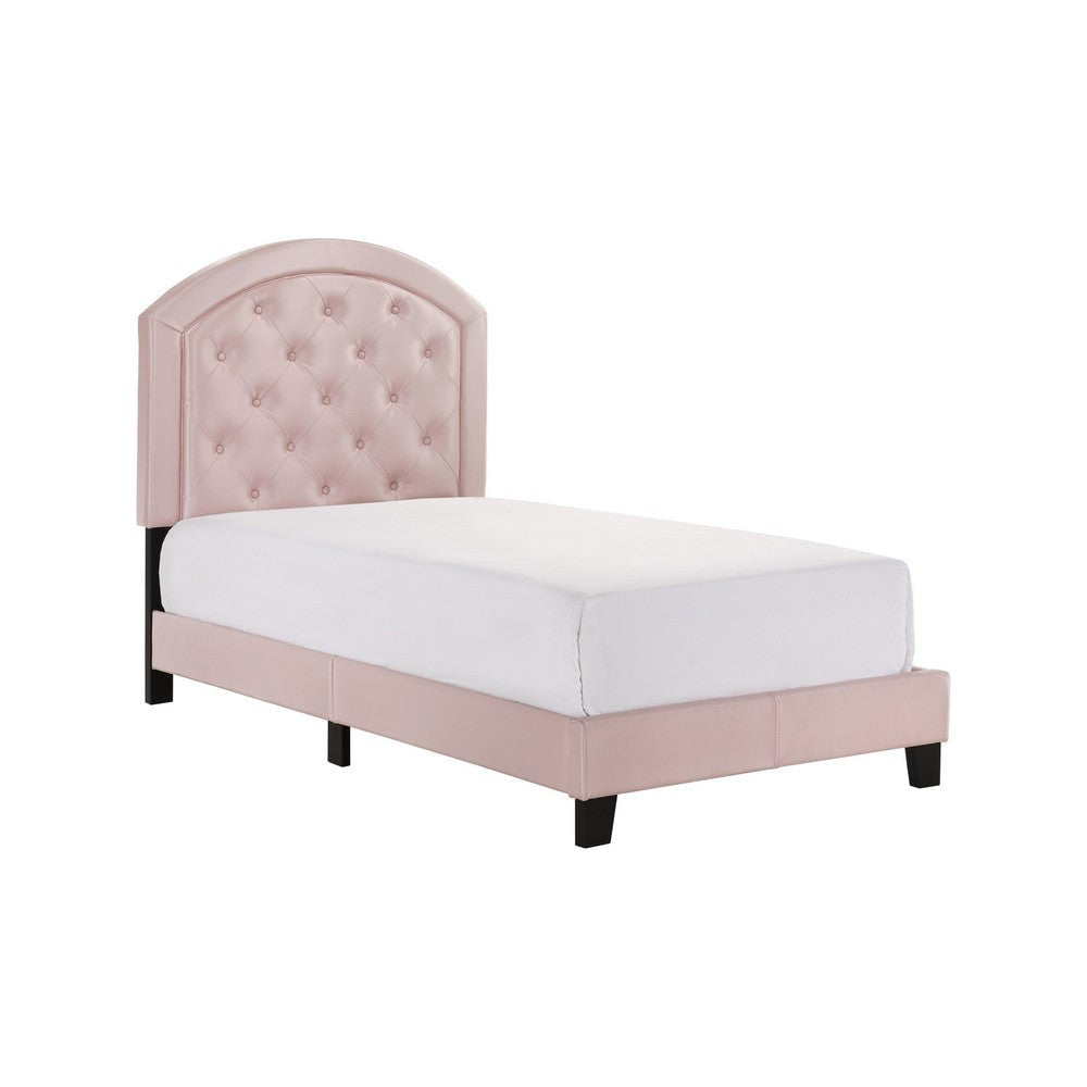 Twin Platform Bed with Curved Button Tufted Headboard, Pink By Casagear Home