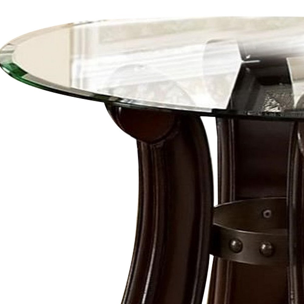 End Table with Round Glass Top and Scrolled Body, Brown By Casagear Home