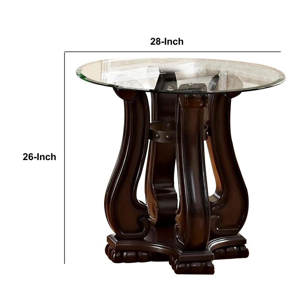 End Table with Round Glass Top and Scrolled Body, Brown By Casagear Home