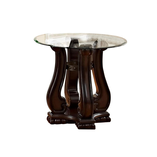 End Table with Round Glass Top and Scrolled Body, Brown By Casagear Home