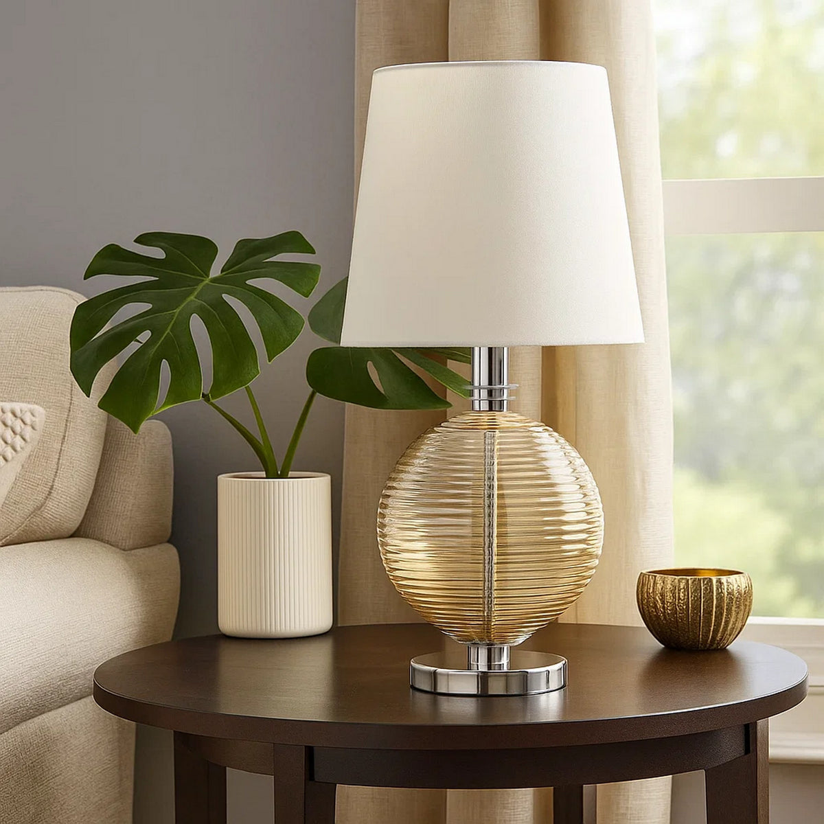Clio Table Lamp | Textured Glass Ball | 14" | White | Chrome