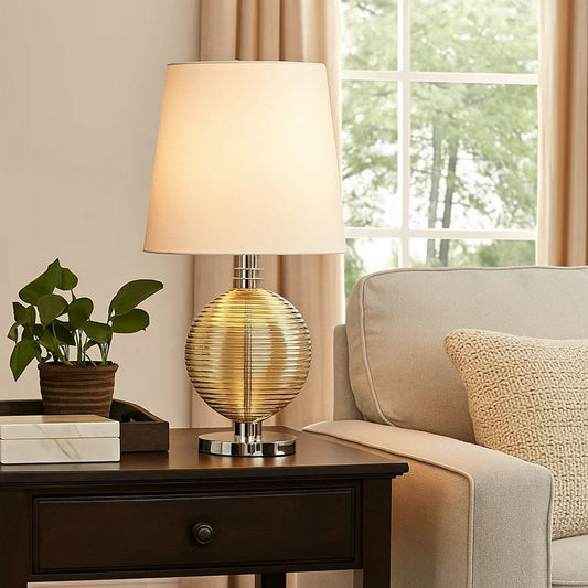 Clio Table Lamp | Textured Glass Ball | 14" | White | Chrome