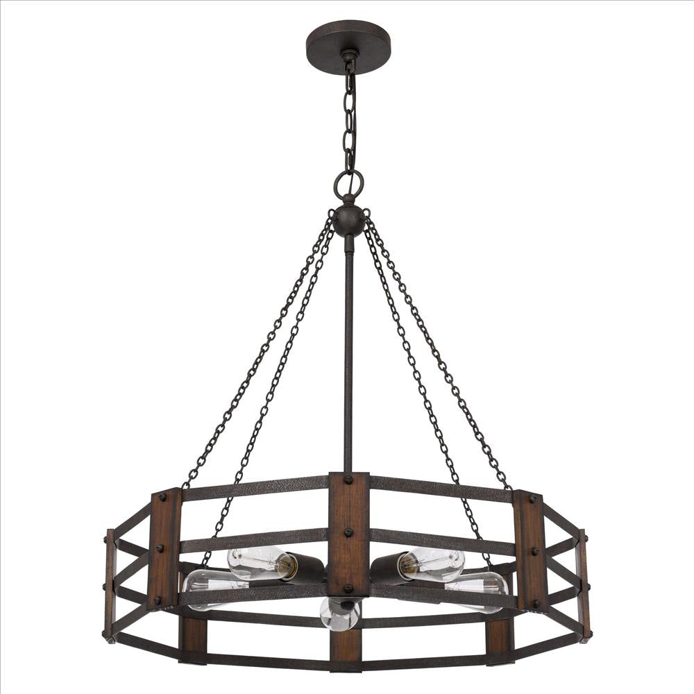 Chandelier with Octagonal Cage Design Metal Frame and Wood Accents, Brown By Casagear Home