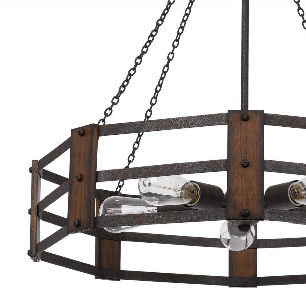 Chandelier with Octagonal Cage Design Metal Frame and Wood Accents Brown By Casagear Home BM241828