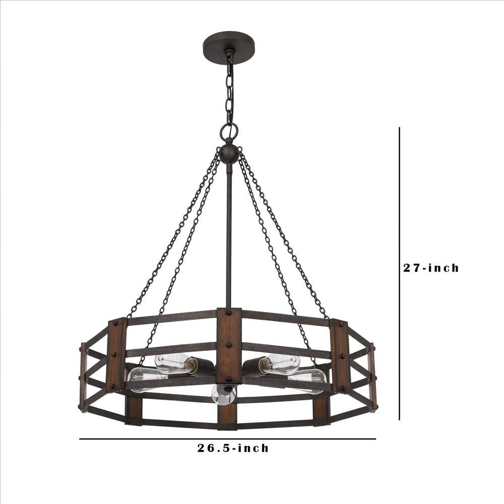 Chandelier with Octagonal Cage Design Metal Frame and Wood Accents Brown By Casagear Home BM241828