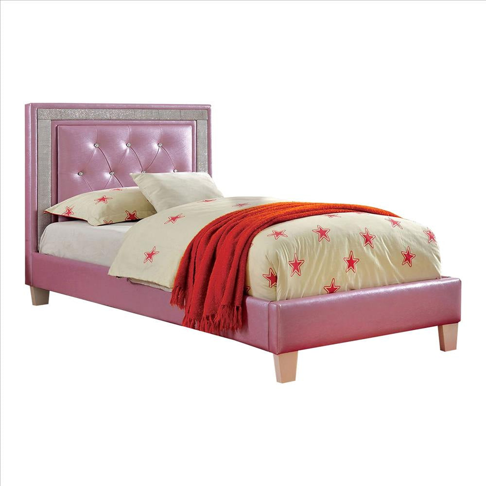 Twin Bed with Leatherette Upholstery and Crystal Button Tufting, Pink By Casagear Home