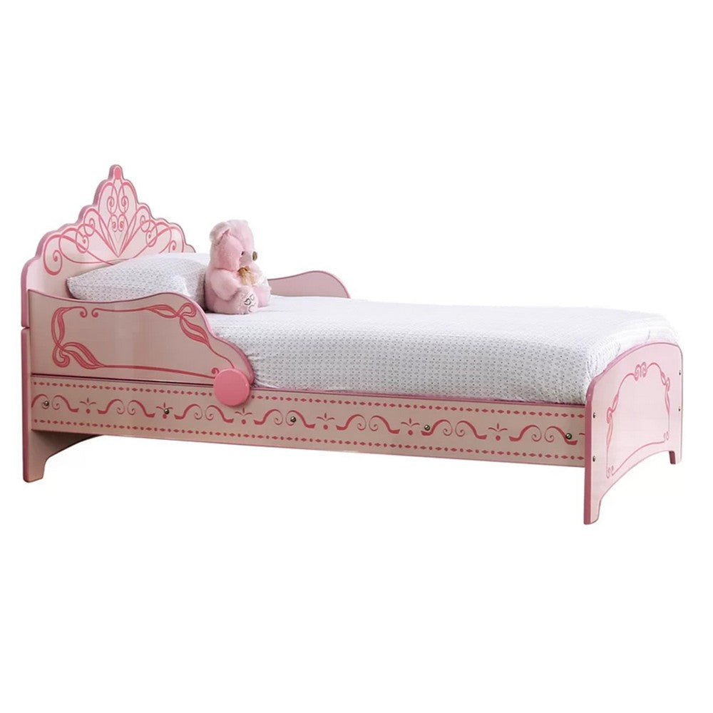 Twin Bed with MDF Scalloped and Scroll Motif Design, Pink