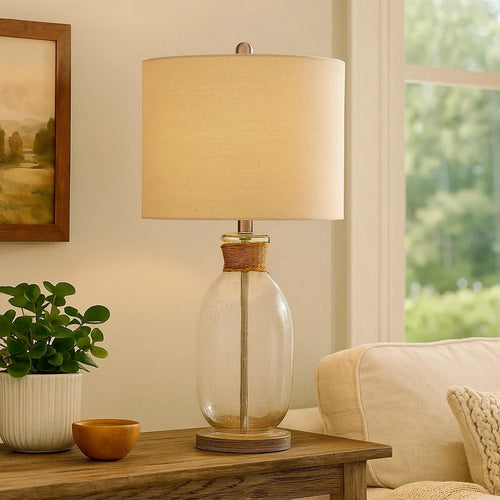 Cleo Table Lamp | Bubble Glass | Rope Accent | Beige