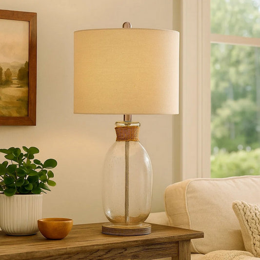 Cleo Table Lamp | Bubble Glass | Rope Accent | Beige