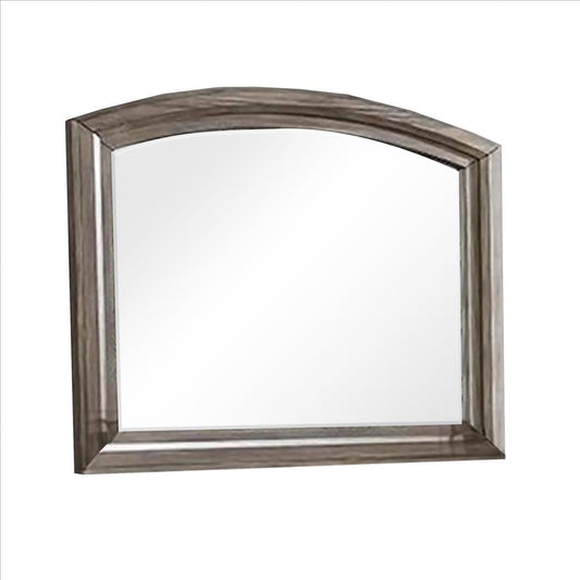 Wall Mirror with Plank Style Wooden Frame and Arched Top, Brown