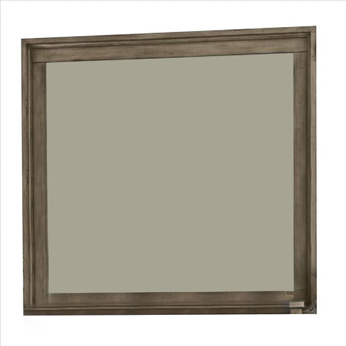 Wall Mirror with Beveled Molded Wooden Frame, Natural Brown