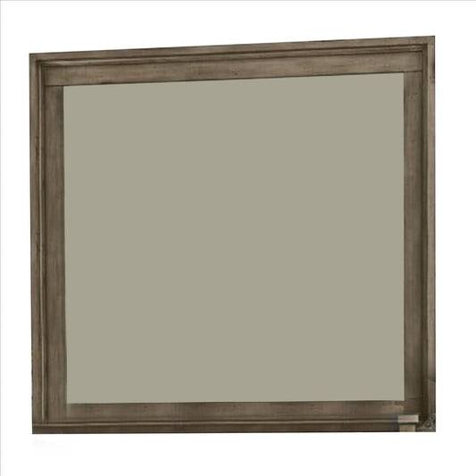 Wall Mirror with Beveled Molded Wooden Frame, Natural Brown