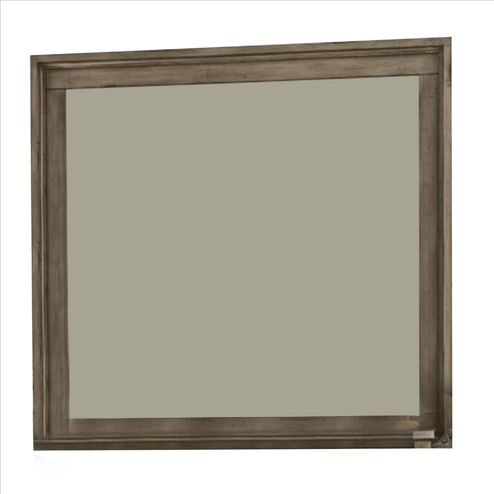 Wall Mirror with Beveled Molded Wooden Frame, Natural Brown