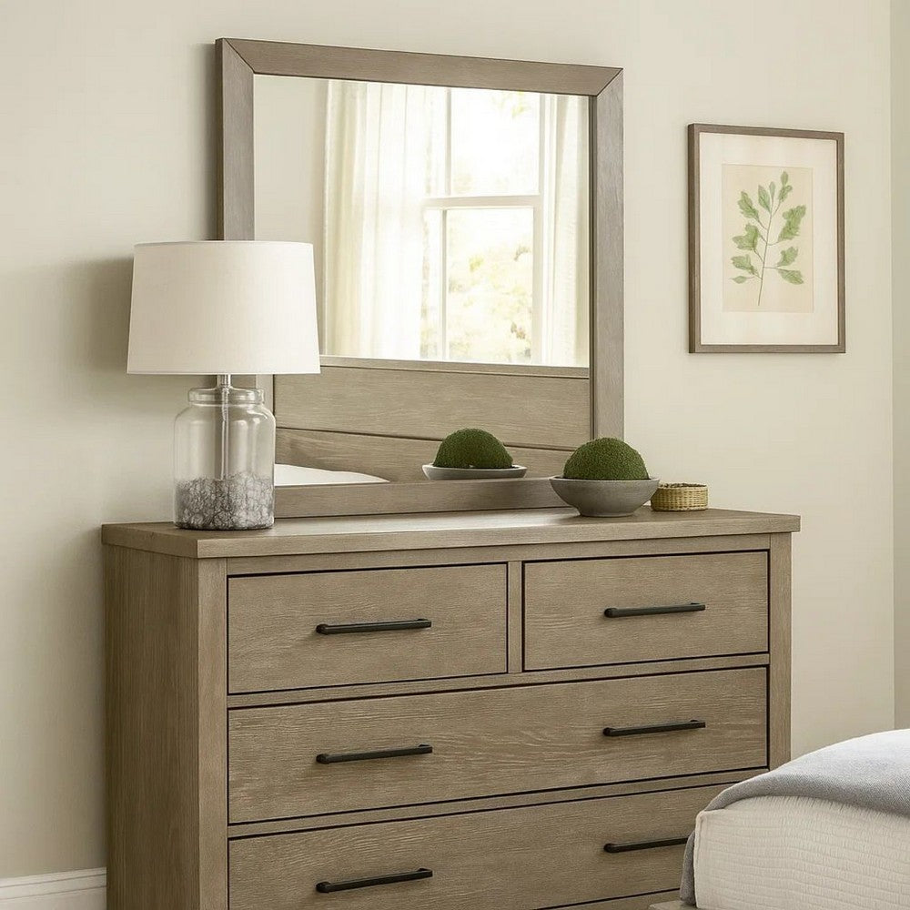 Wall Mirror with Wooden Frame and Grain Details, Natural Brown