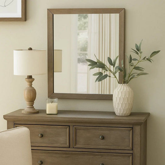 Wall Mirror with Wooden Frame and Grain Details, Natural Brown
