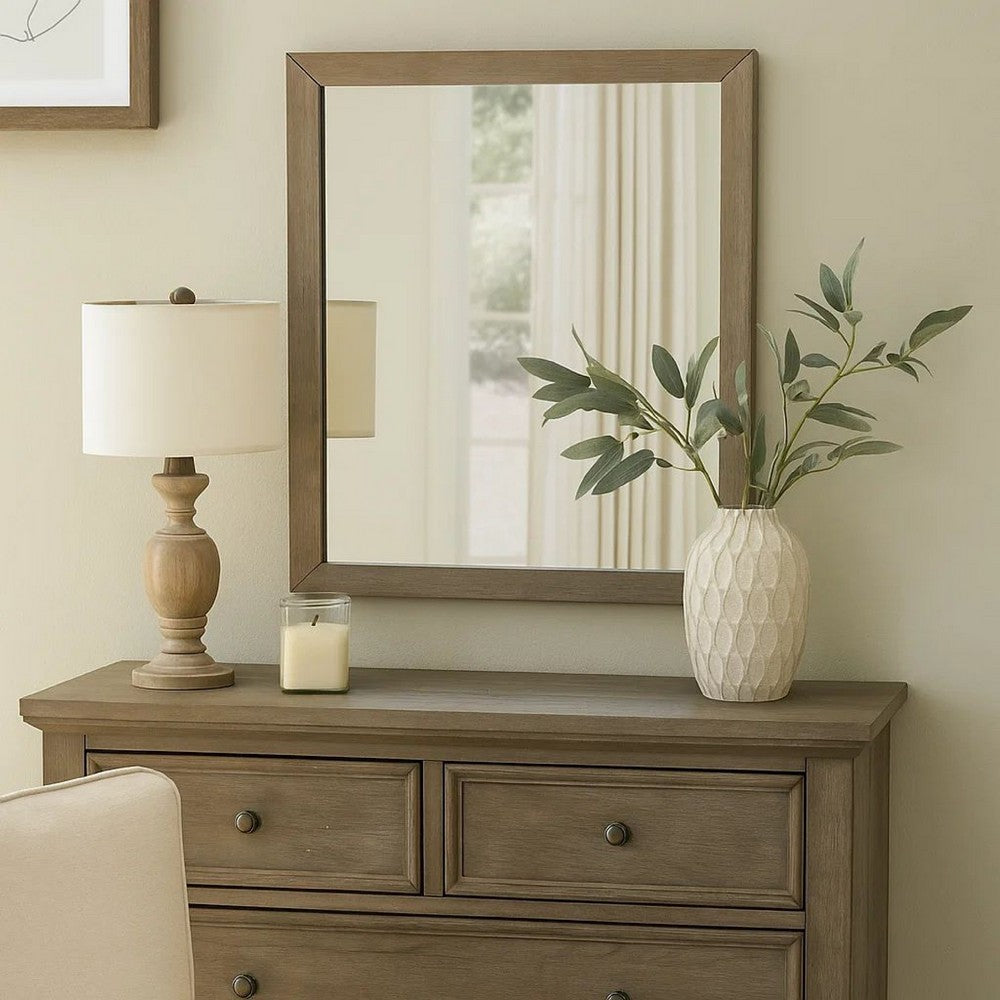Wall Mirror with Wooden Frame and Grain Details, Natural Brown