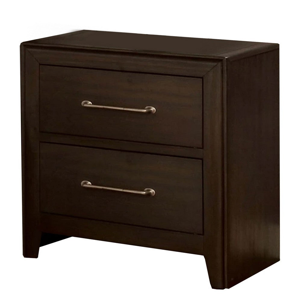 Nightstand with 2 Drawers and Metal Bar Pulls, Walnut Brown