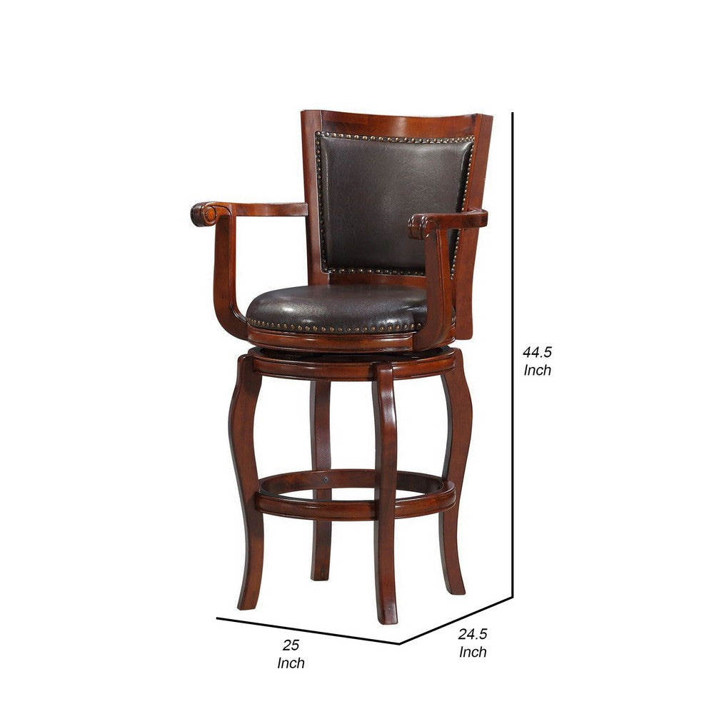 360-Degree Swivel Barstool Sleek Rolled Arms Nailhead Accents Brown By Casagear Home BM241952