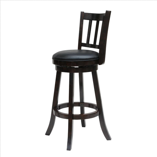 Swivel Bar Stool with Curved Vertically Slatted Back, Dark Brown By Casagear Home