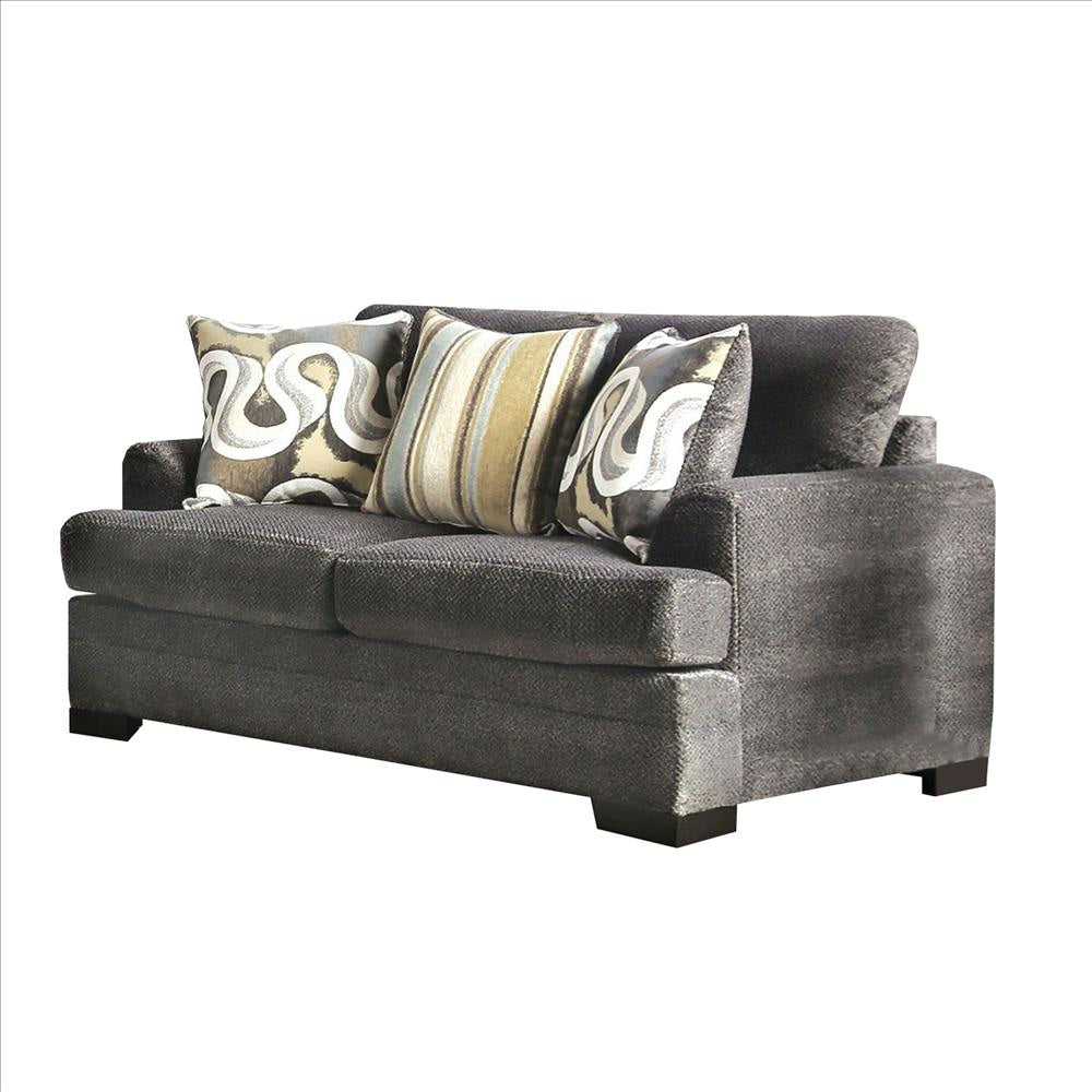 Loveseat with Fabric Upholstery and Accent Pillows, Gray By Casagear Home