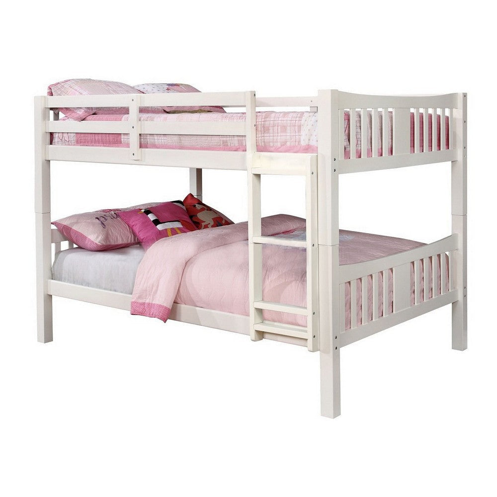 Twin Over Twin Bunk Bed with Slatted Design and Attached Ladder, White By Casagear Home