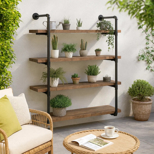 Milo Wall Shelf | 4 Tier | Pipe Frame | Brown