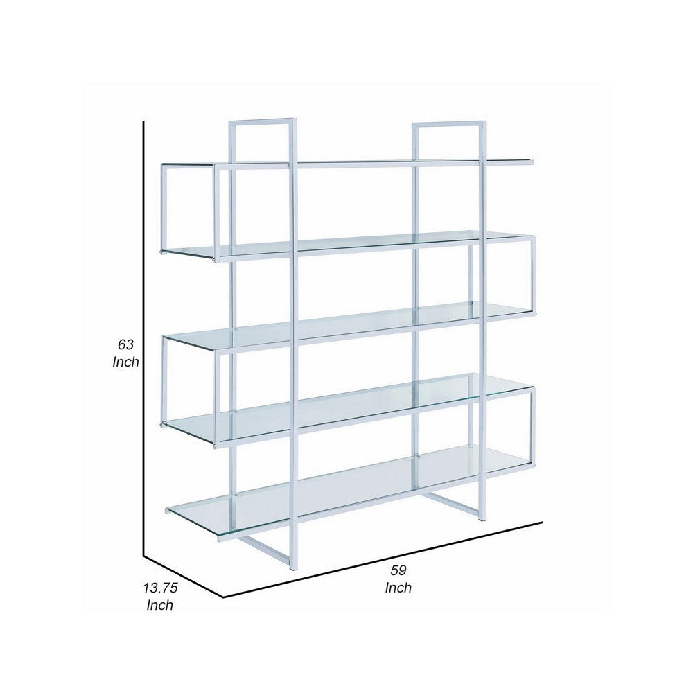 Bookcase with 5 Tempered Glass Shelves and Electroplated Frame Chrome By Casagear Home BM242029