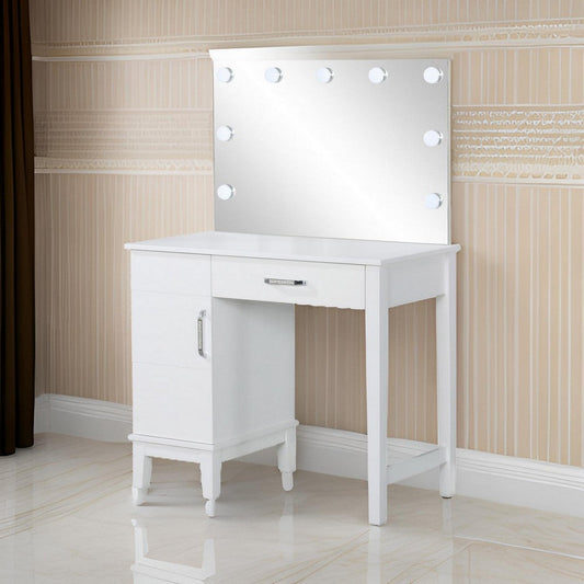 Vanity Set with 9 LED Bulbs and Tapered Block Legs, White By Casagear Home