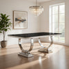 Dining Table with Glass Top and Trestle Base, Black and Chrome