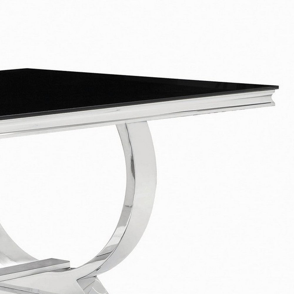 Dining Table with Glass Top and Trestle Base Black and Chrome BM242094
