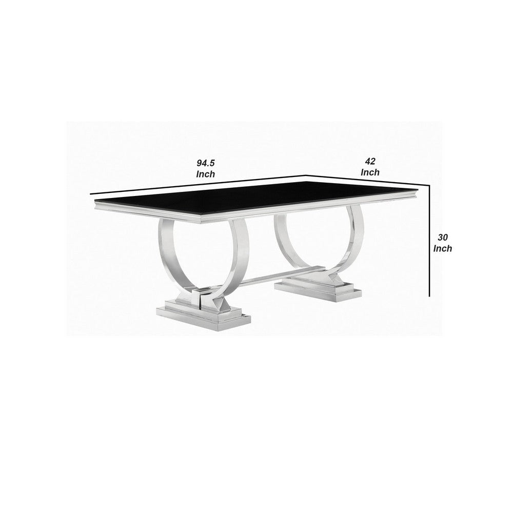 Dining Table with Glass Top and Trestle Base Black and Chrome BM242094