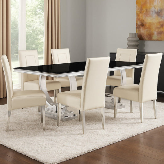 Dining Table with Glass Top and Trestle Base, Black and Chrome