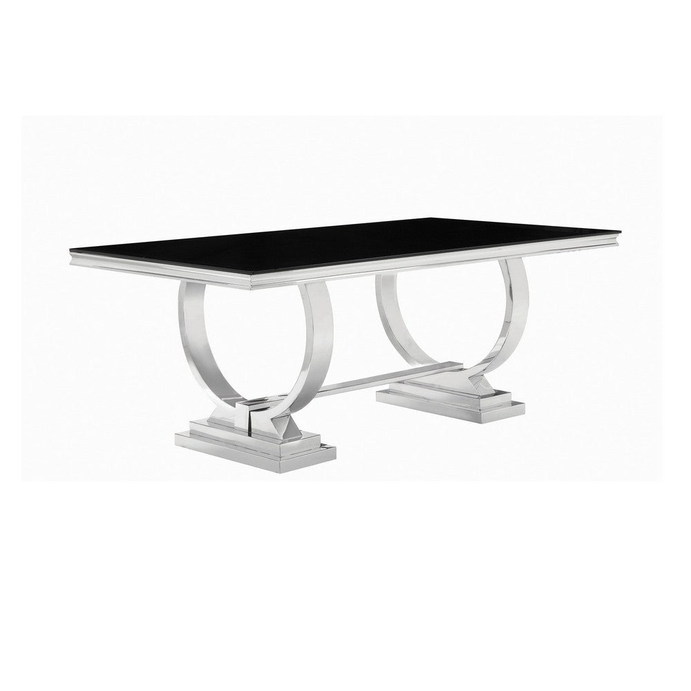 Dining Table with Glass Top and Trestle Base Black and Chrome BM242094