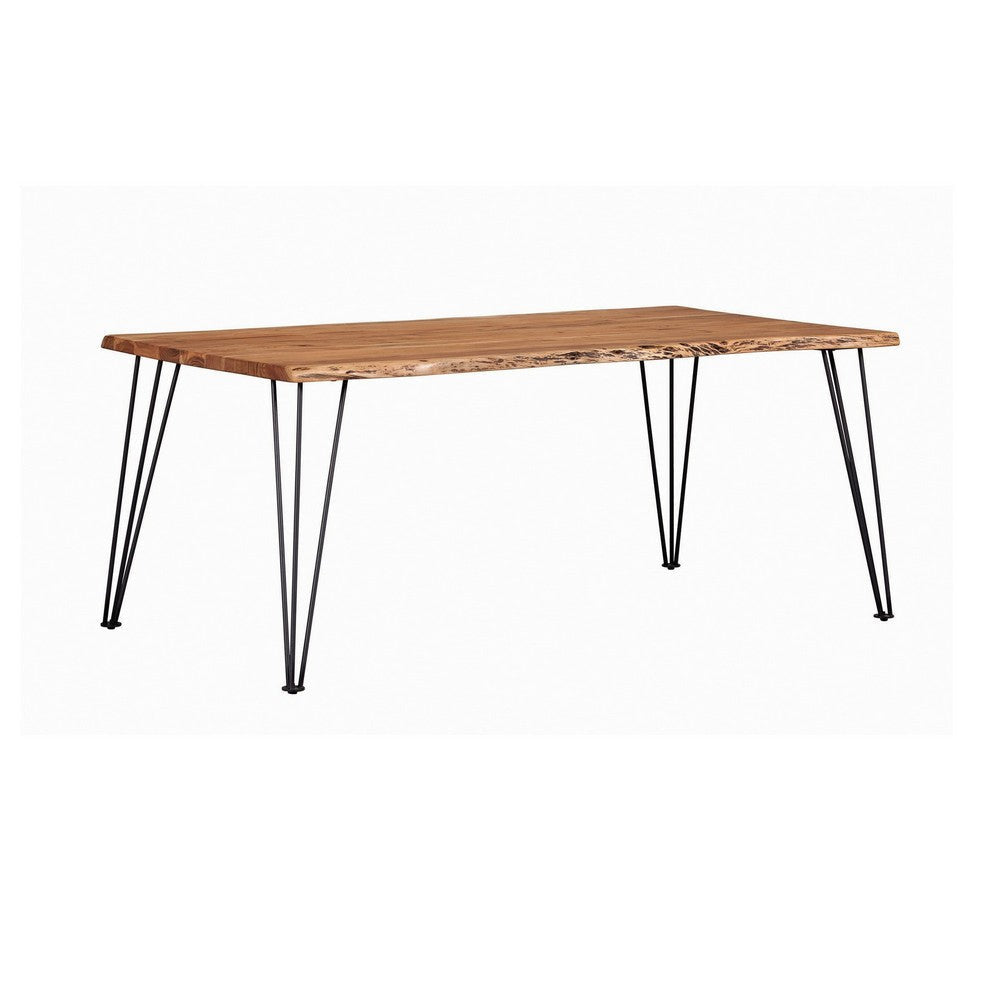 Wooden Dining Table with Live Edge Details and Metal Legs, Brown By Casagear Home