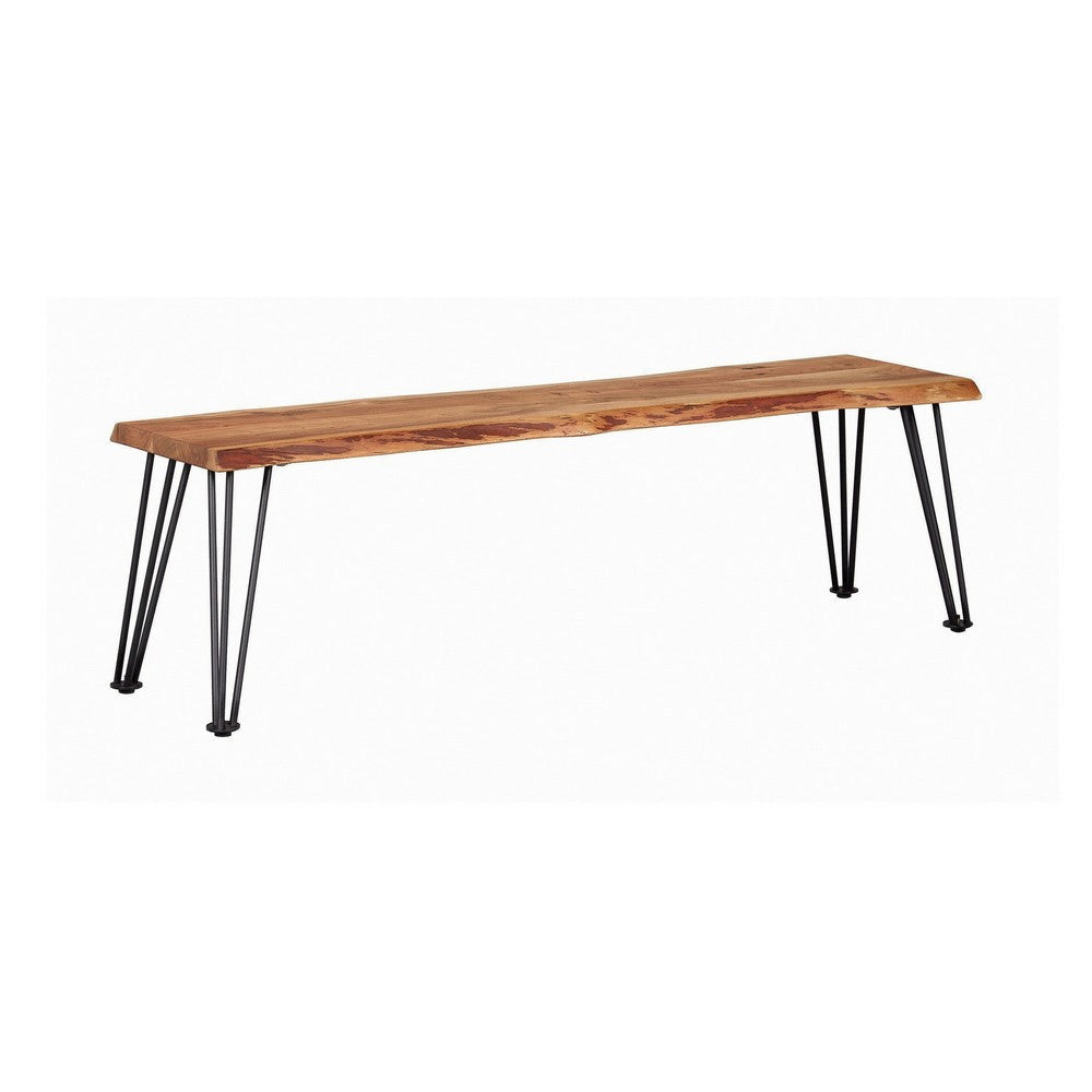 Wooden Dining Bench with Live Edge Details and Metal Legs, Brown By Casagear Home