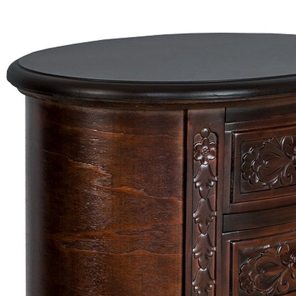 Wooden Chest with 3 Drawer and Scrolled Details, Dark Brown By Casagear Home