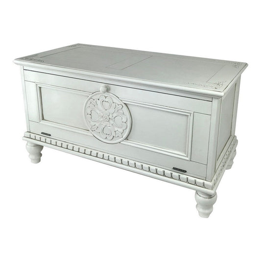 Accent Chest with Drop Down Storage and Carved Details, White By Casagear Home