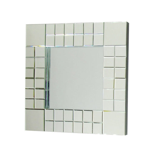 Square Beveled Mirror with Grid Like Accent, Silver