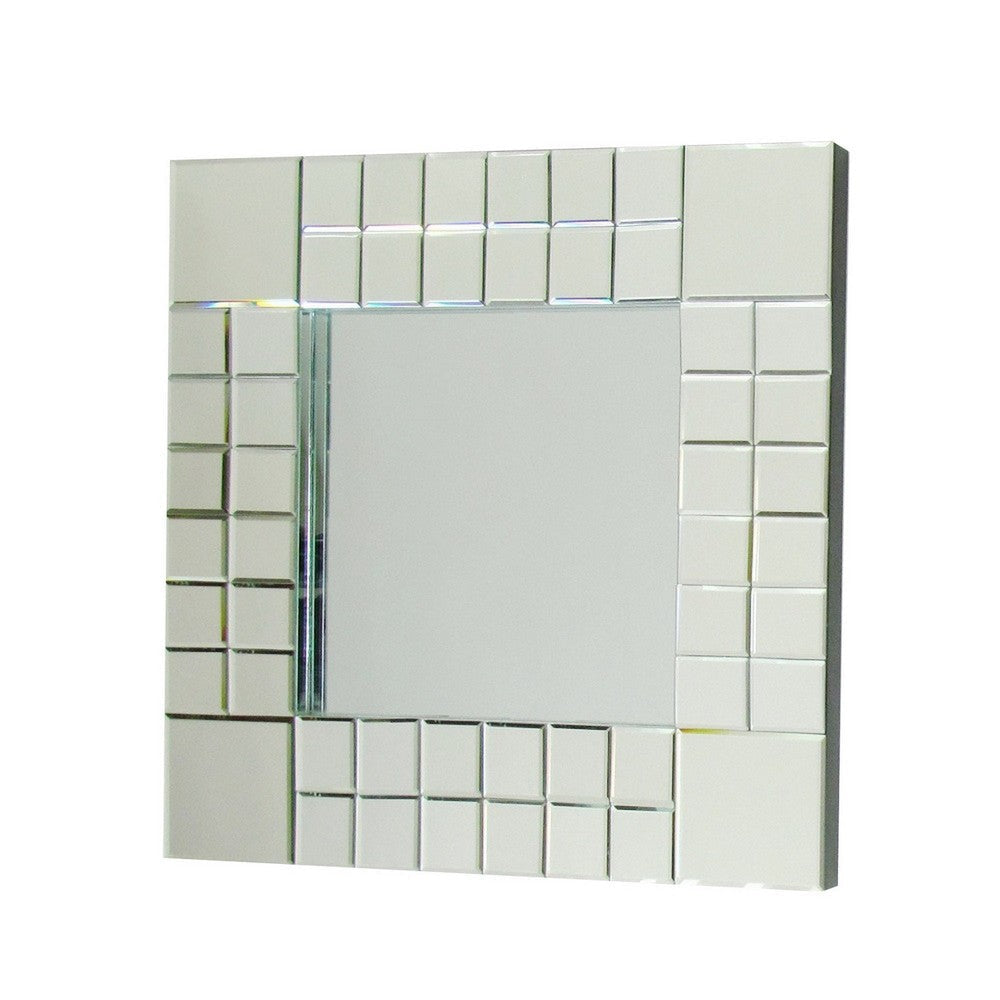 Square Beveled Mirror with Grid Like Accent, Silver