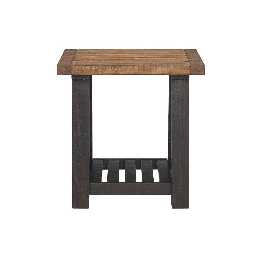 End Table with Slatted Shelf and X Legs, Brown and Black By Casagear Home
