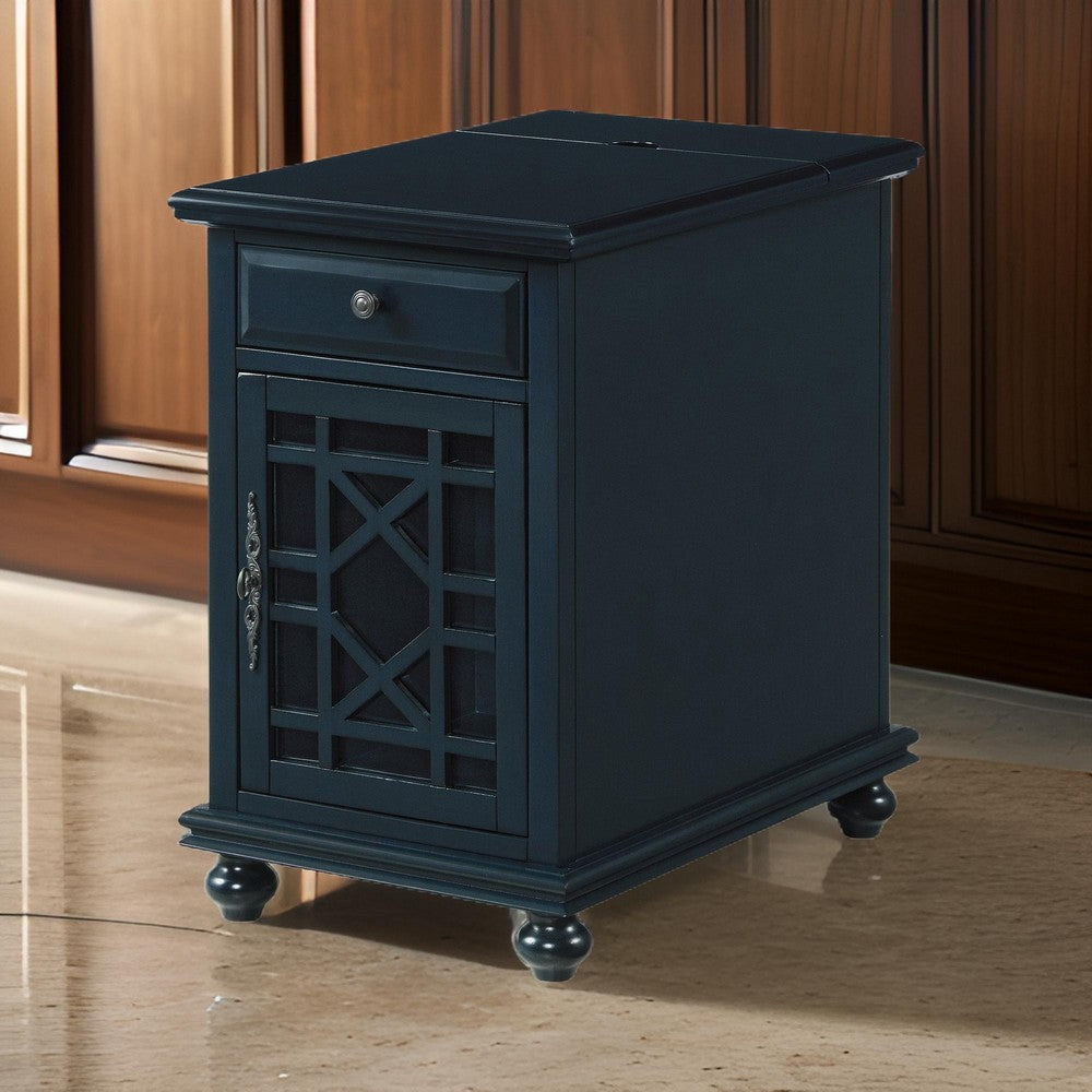 Chairside Table with 1 Drawer and 1 Trellis Door, Blue By Casagear Home