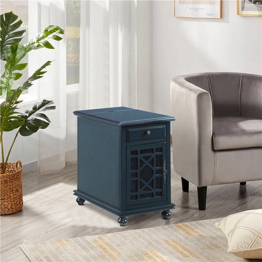 Chairside Table with 1 Drawer and 1 Trellis Door, Blue By Casagear Home