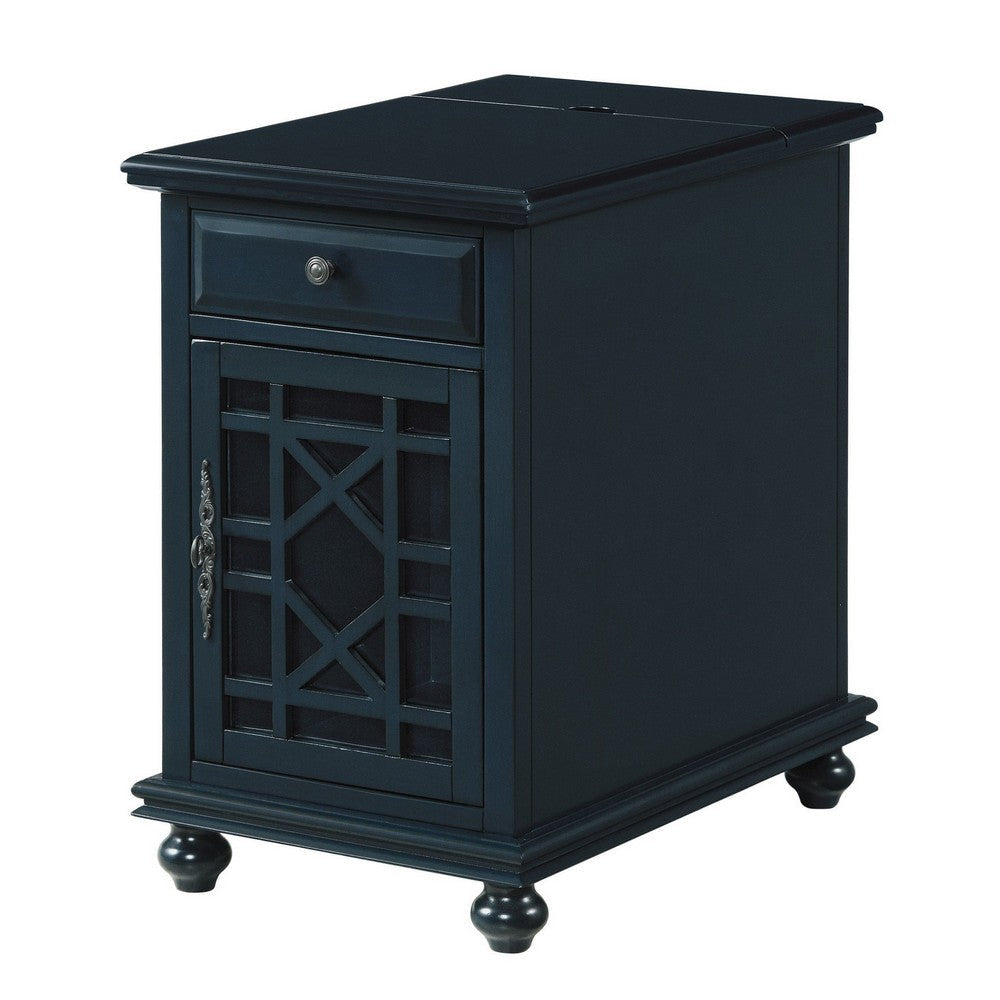 Chairside Table with 1 Drawer and 1 Trellis Door, Blue By Casagear Home