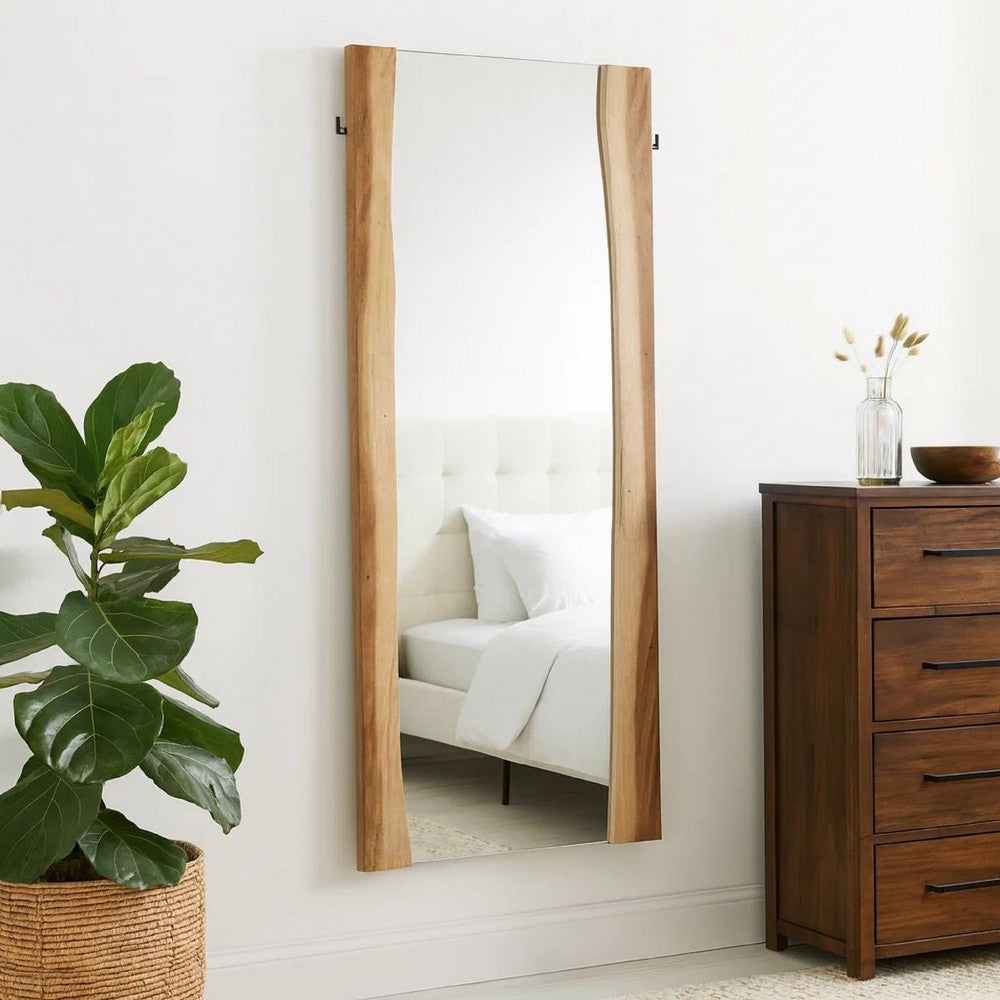 Floor Mirror with Wooden Frame and Live Edge Details, Brown
