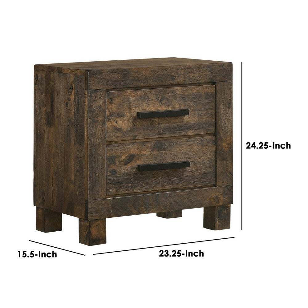 Wooden Nightstand with 2 Drawers and Grain Details, Brown